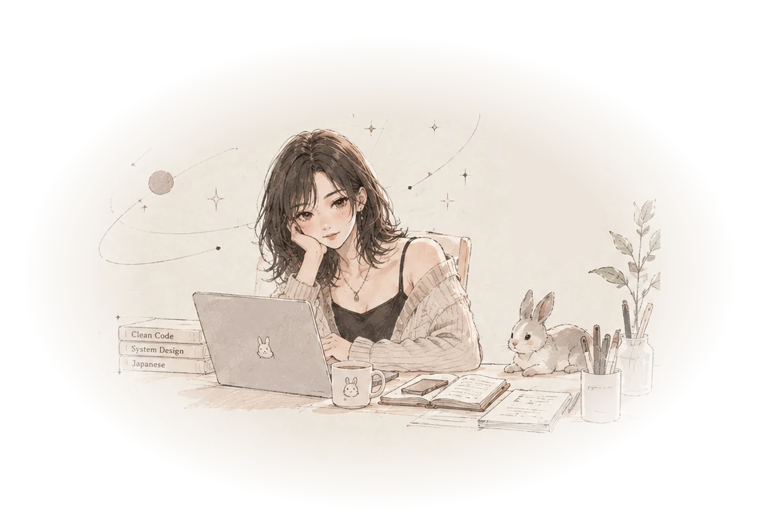Rose at her desk with a laptop, books, a mug, a plant and Honhon the rabbit